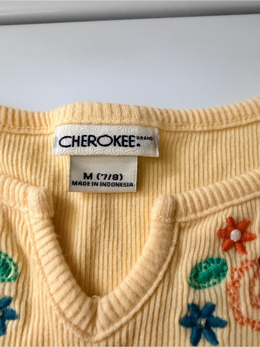 Cherokee Soft Yellow Ribbed Top with Floral Embroidery